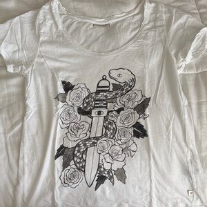 Anama White Scoop Neck Tee with Black Snake, Dagger & Rose Graphic